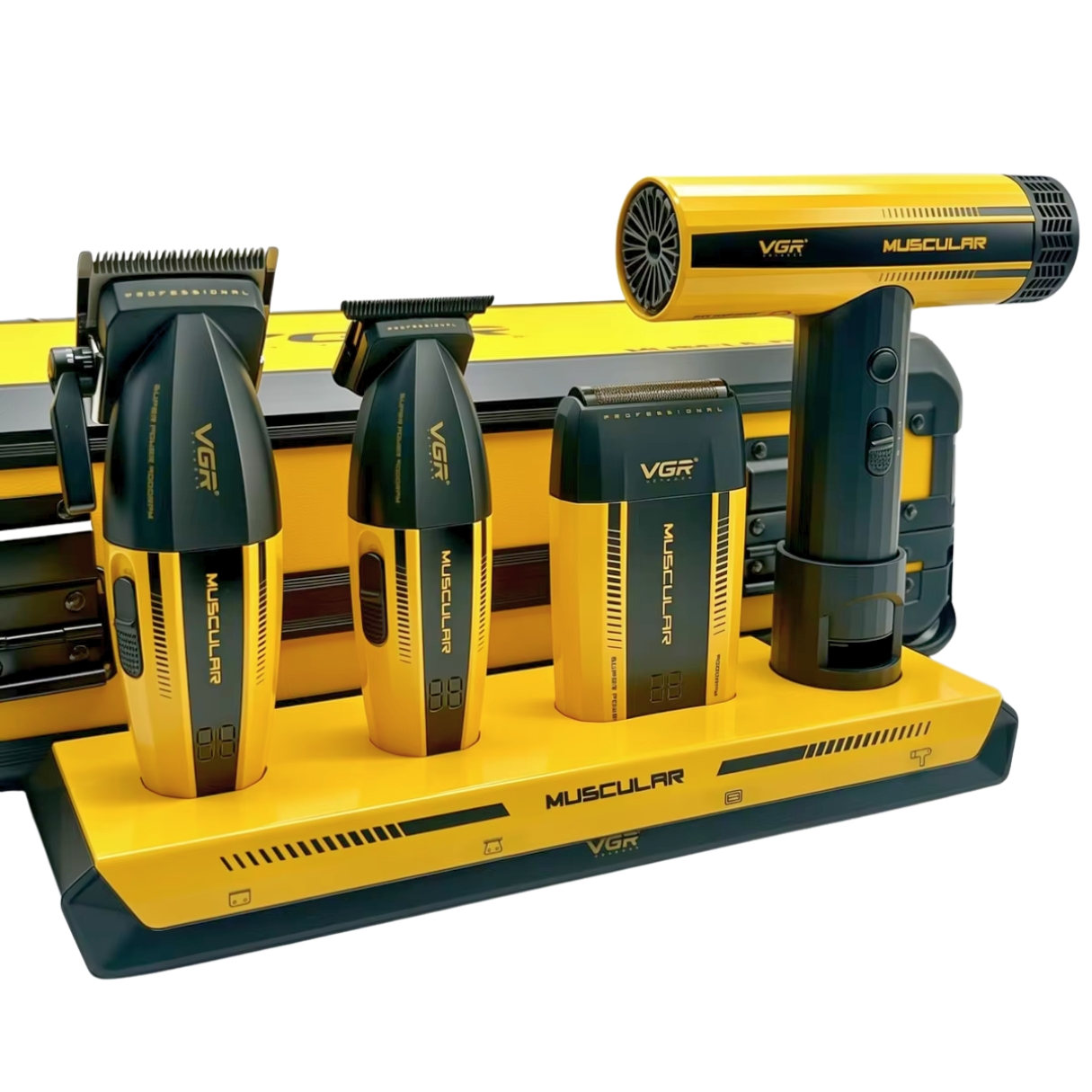Combo Profesional VGR Muscular Super Power V-285 S4 4 en 1 – Clipper, Trimmer, Shaver y Secador con Maletín