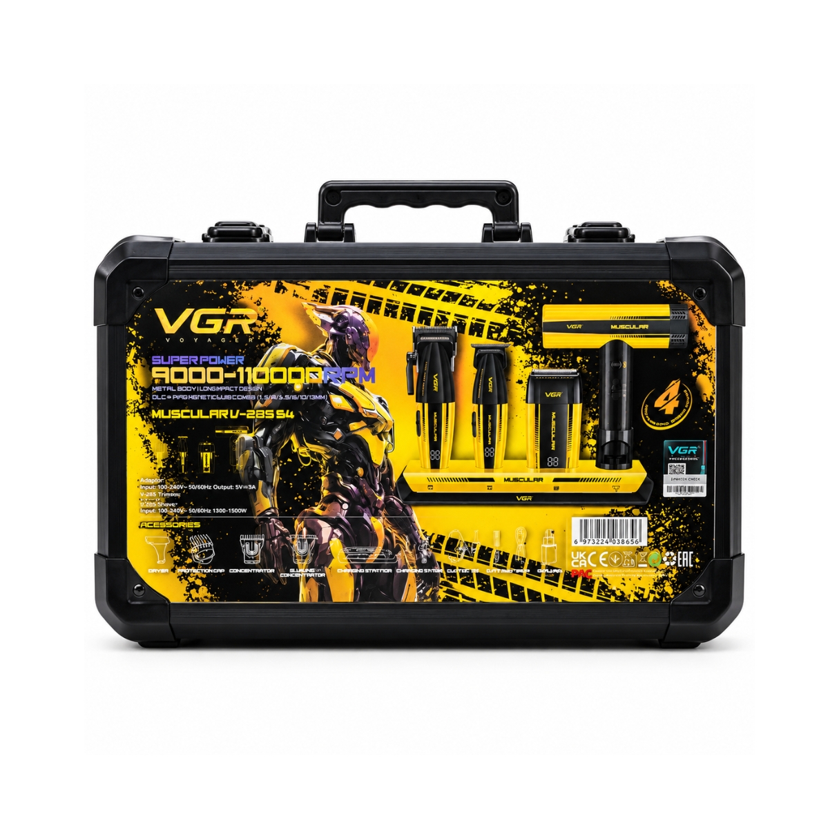 Combo Profesional VGR Muscular Super Power V-285 S4 4 en 1 – Clipper, Trimmer, Shaver y Secador con Maletín - Imagen 2